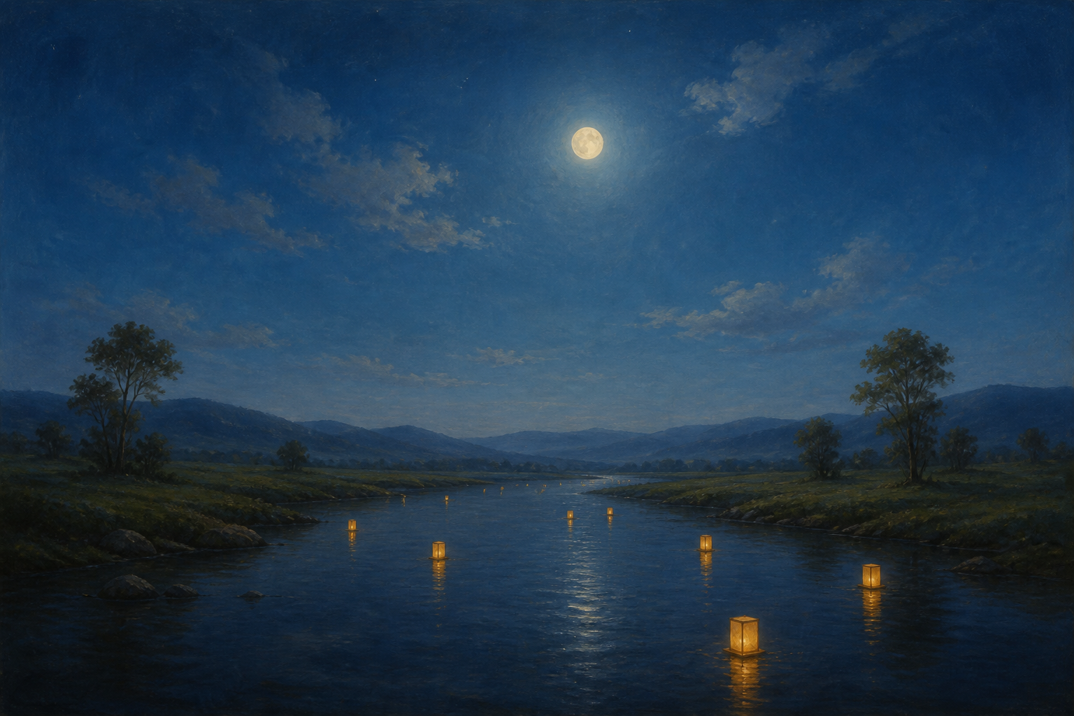 Oil painting of paper lanterns on a wide open moonlit river valley