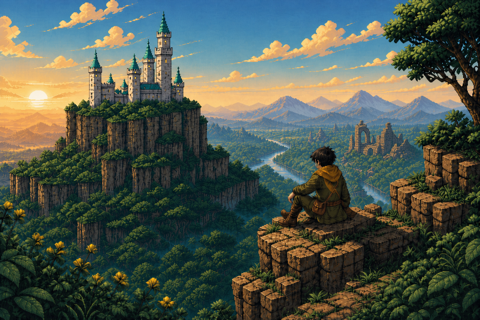 Pixel-art mesa overlook with a jade-roofed castle, green foliage, and yellow flower petals