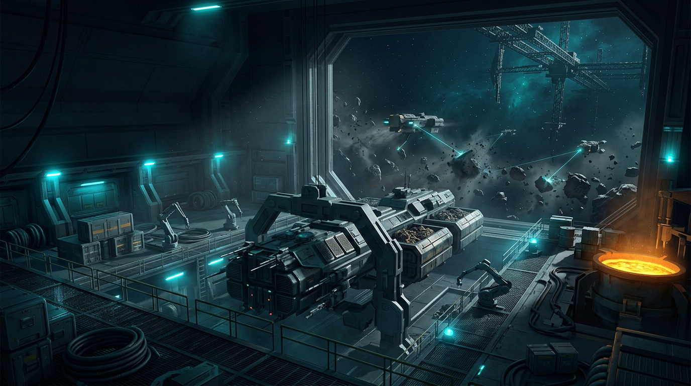 Inside an orbital hangar: an industrial mining barge docked under cyan work lights, lasers cutting asteroids beyond the bay doors