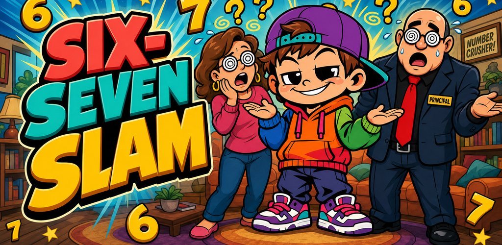 Six-Seven Slam feature art: the kid between glowing 6 and 7 numbers