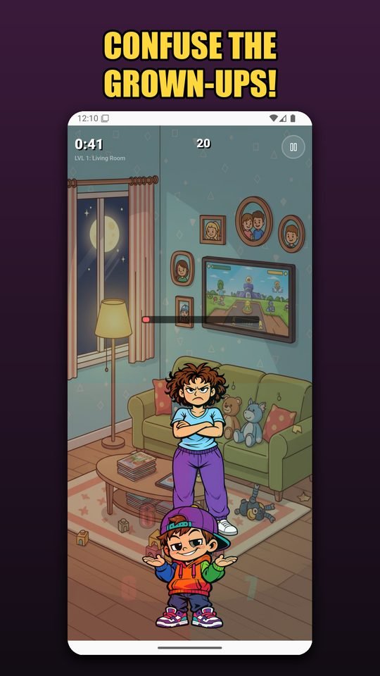 Gameplay in the living room with confusion meters over adults