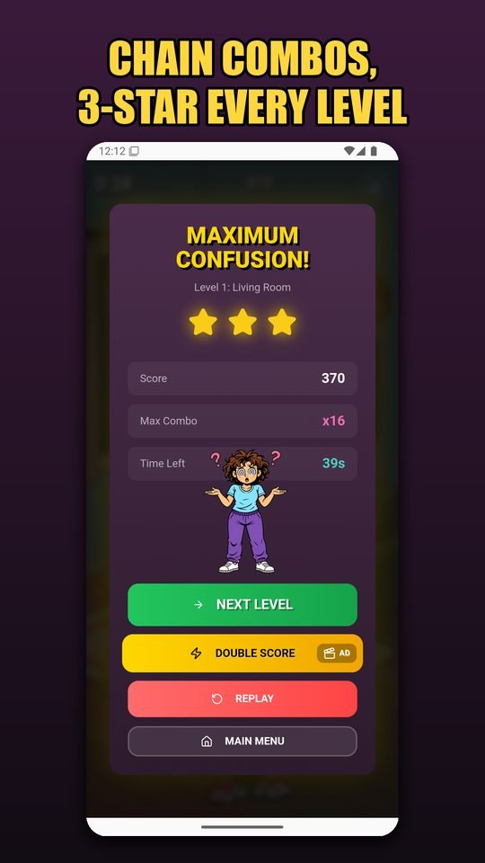 Victory screen with stars and score